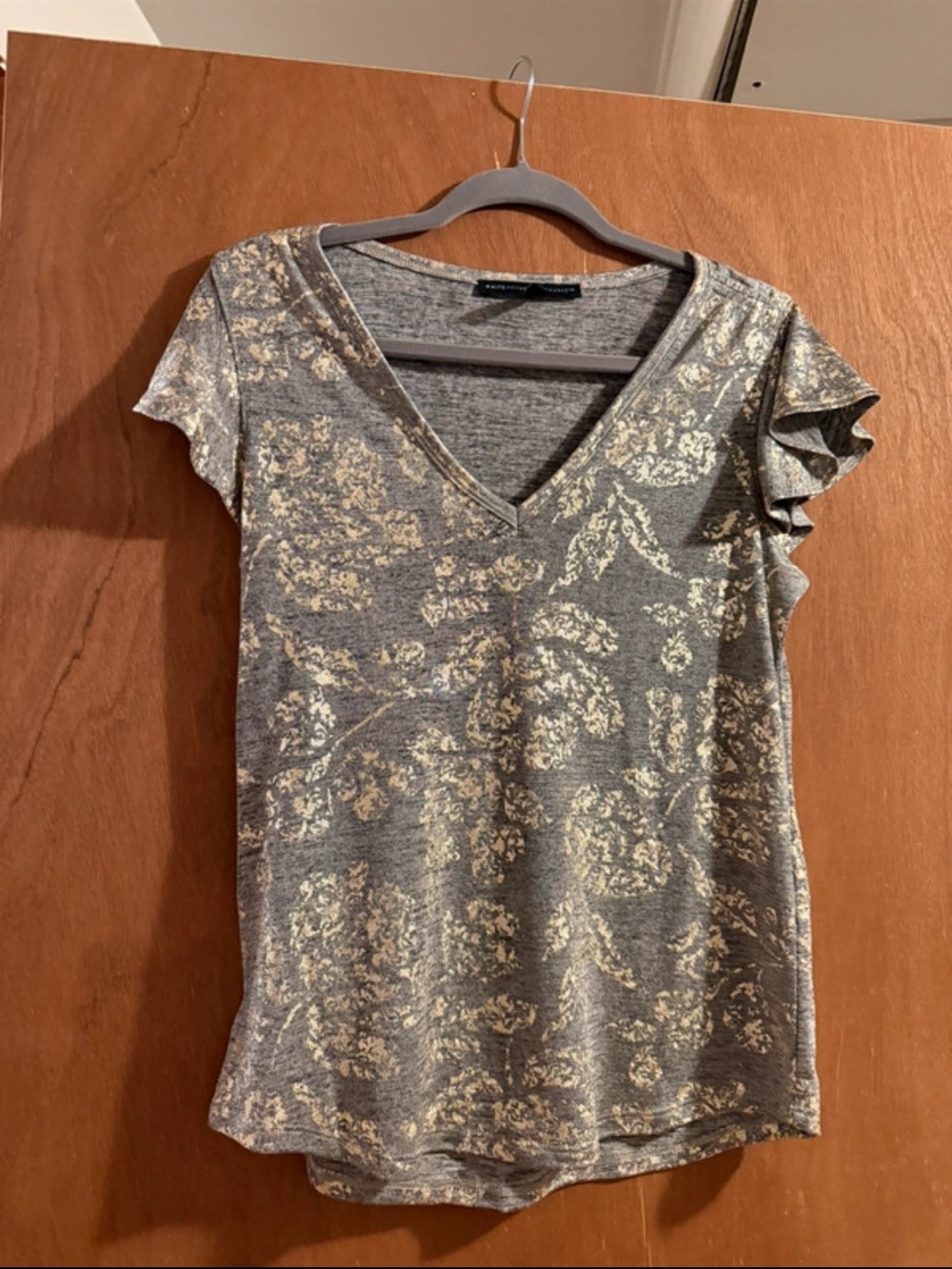 White House Black Market Gray Tee with Metallic Gold Floral Print